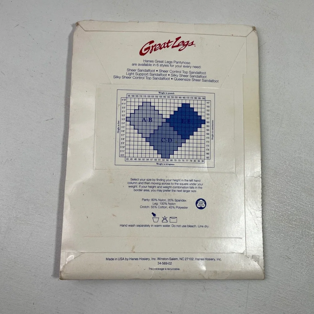 Vintage Great Legs by Hanes Sheer Control Top Sandalfoot Pantyhose Pearl Size AB